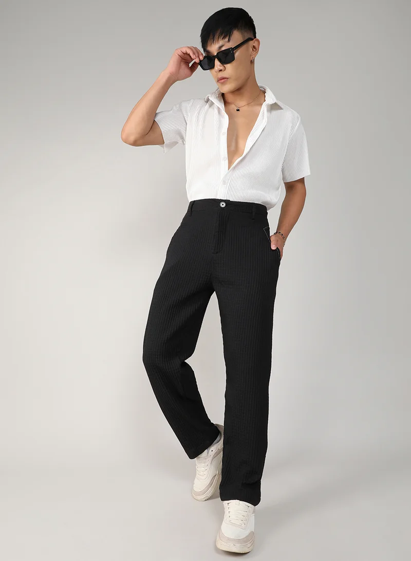 CAHOOT  Men's Onyx Black Textured Graph Check Trousers For Casual Wear | 4 Pockets | Mid- Rise | Button Closure | Trousers Crafted With Comfort Fit For Everyday Wear for Men | Best Price UAE